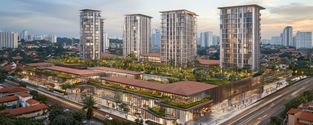 An aerial view of a modern integrated development featuring high-rise residential towers and a sprawling commercial complex.